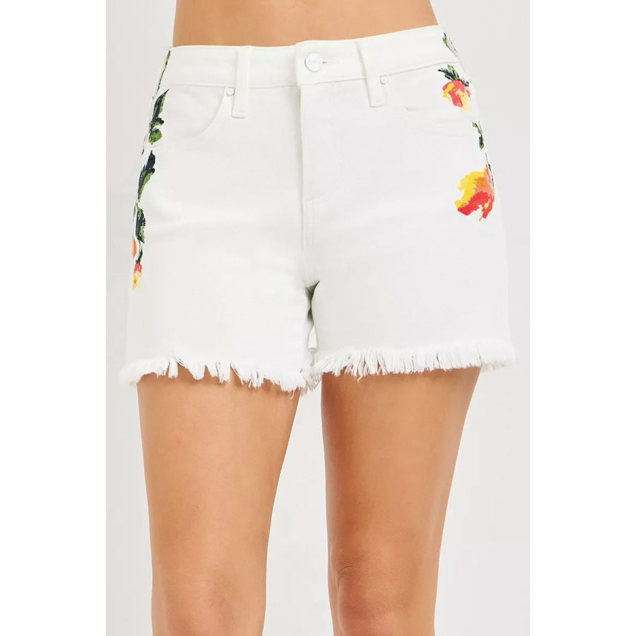 RISEN Tummy Control High Rise Flower Printed Shorts WHITE / S Apparel and Accessories