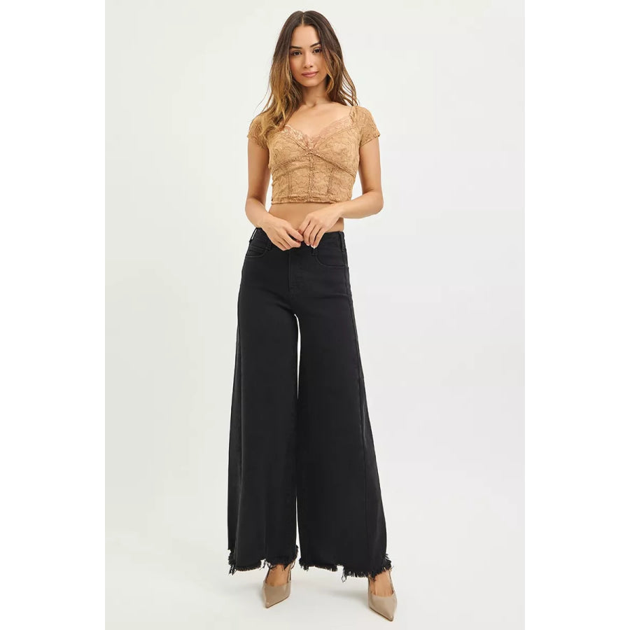 RISEN Tummy Control High Rise Palazzo Leg Frayed Hem Jeans Apparel and Accessories