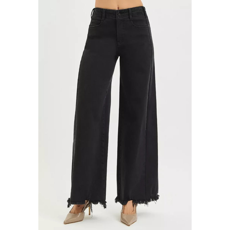 RISEN Tummy Control High Rise Palazzo Leg Frayed Hem Jeans Apparel and Accessories