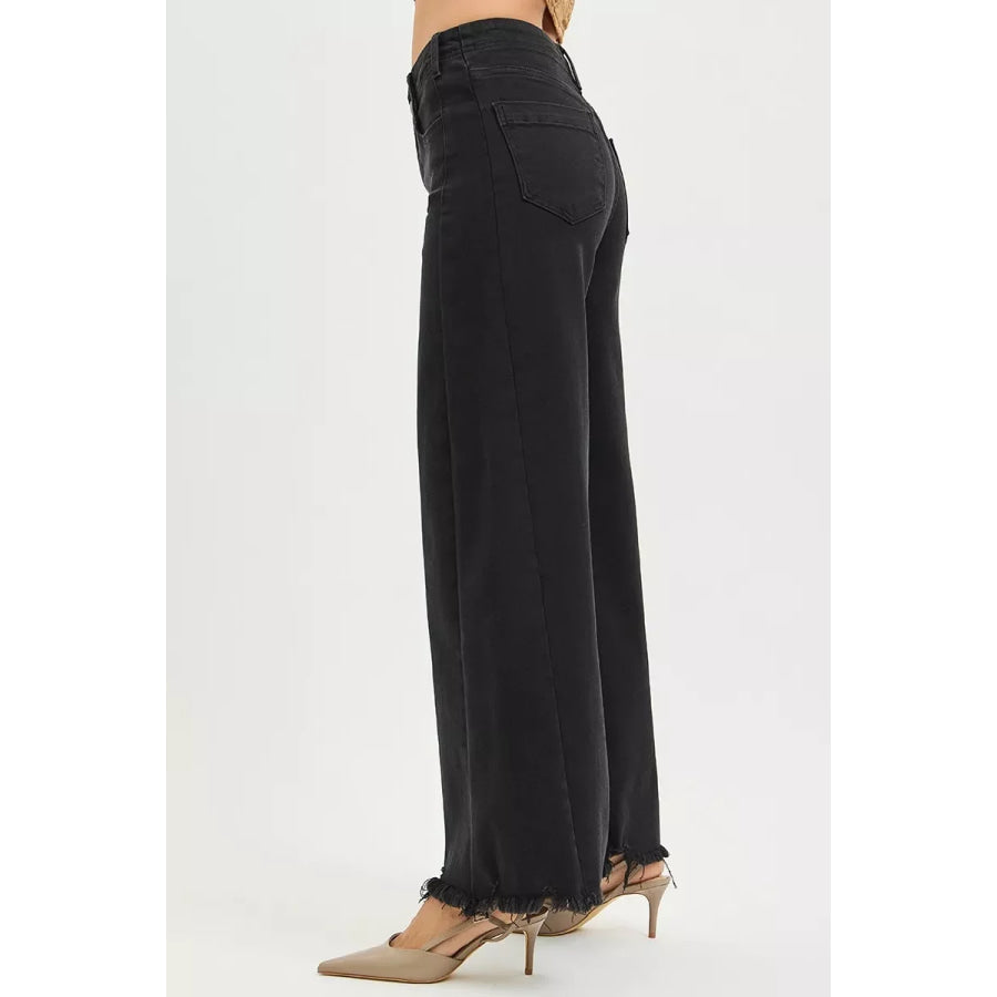 RISEN Tummy Control High Rise Palazzo Leg Frayed Hem Jeans Apparel and Accessories