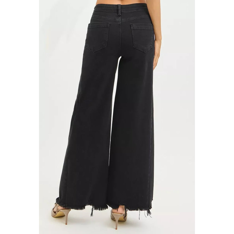 RISEN Tummy Control High Rise Palazzo Leg Frayed Hem Jeans Apparel and Accessories