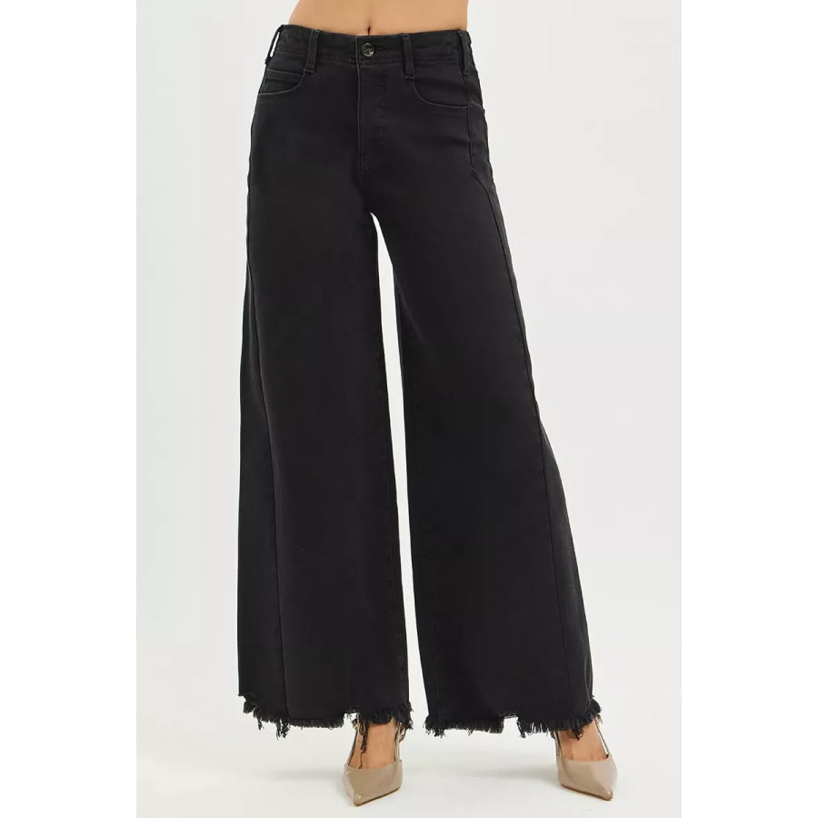 RISEN Tummy Control High Rise Palazzo Leg Frayed Hem Jeans Apparel and Accessories