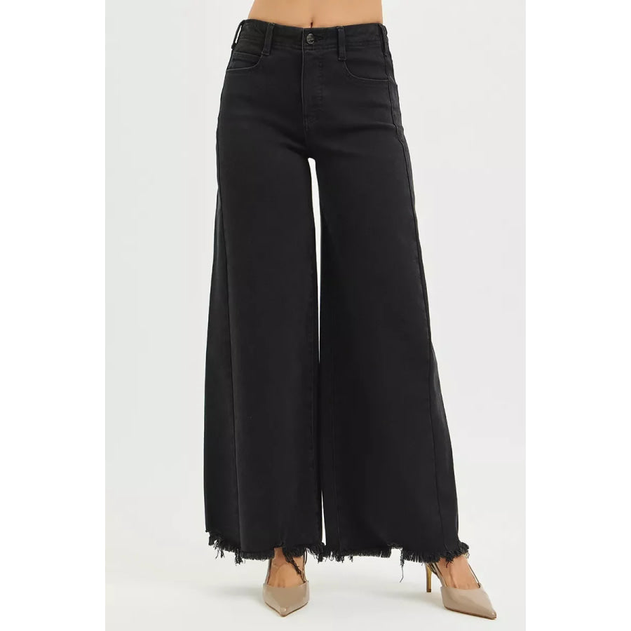 RISEN Tummy Control High Rise Palazzo Leg Frayed Hem Jeans BLACK / Apparel and Accessories
