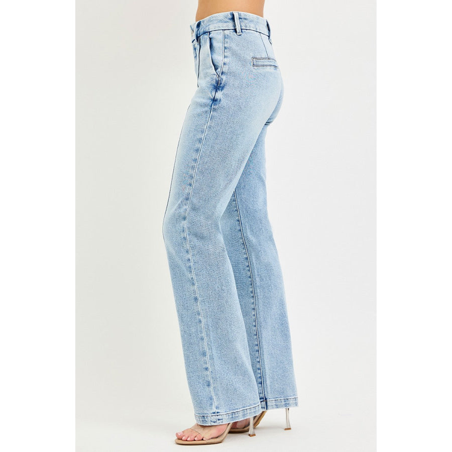 RISEN Tummy Control High Rise Straight Pin Tuck Jeans Apparel and Accessories
