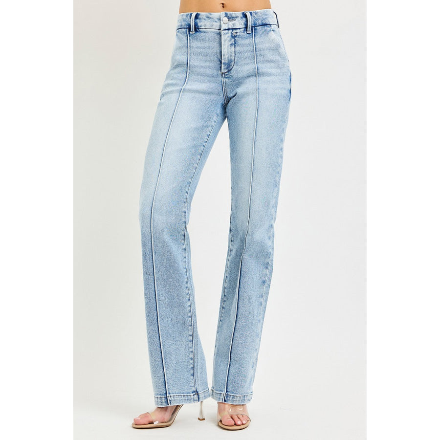 RISEN Tummy Control High Rise Straight Pin Tuck Jeans Apparel and Accessories