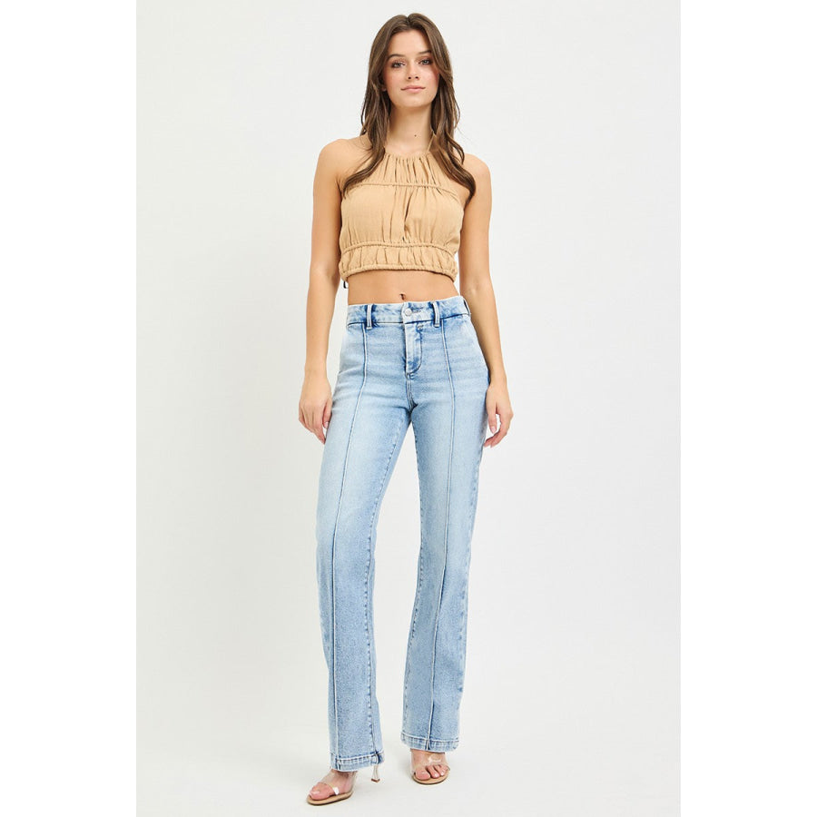RISEN Tummy Control High Rise Straight Pin Tuck Jeans Apparel and Accessories