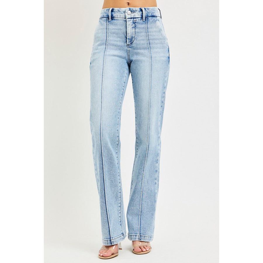 RISEN Tummy Control High Rise Straight Pin Tuck Jeans Apparel and Accessories