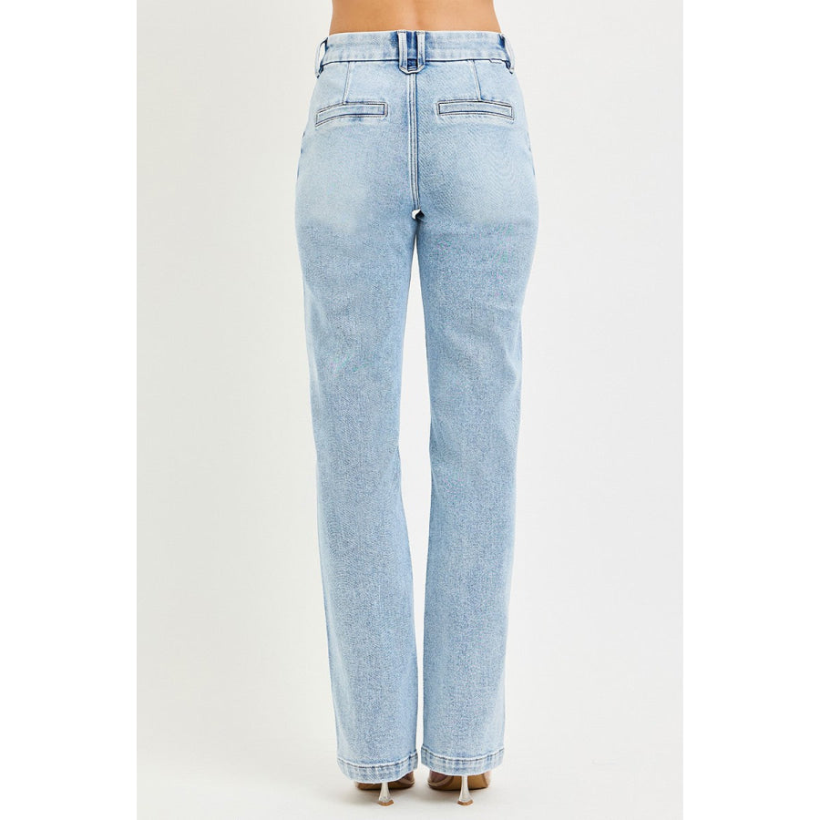 RISEN Tummy Control High Rise Straight Pin Tuck Jeans Apparel and Accessories