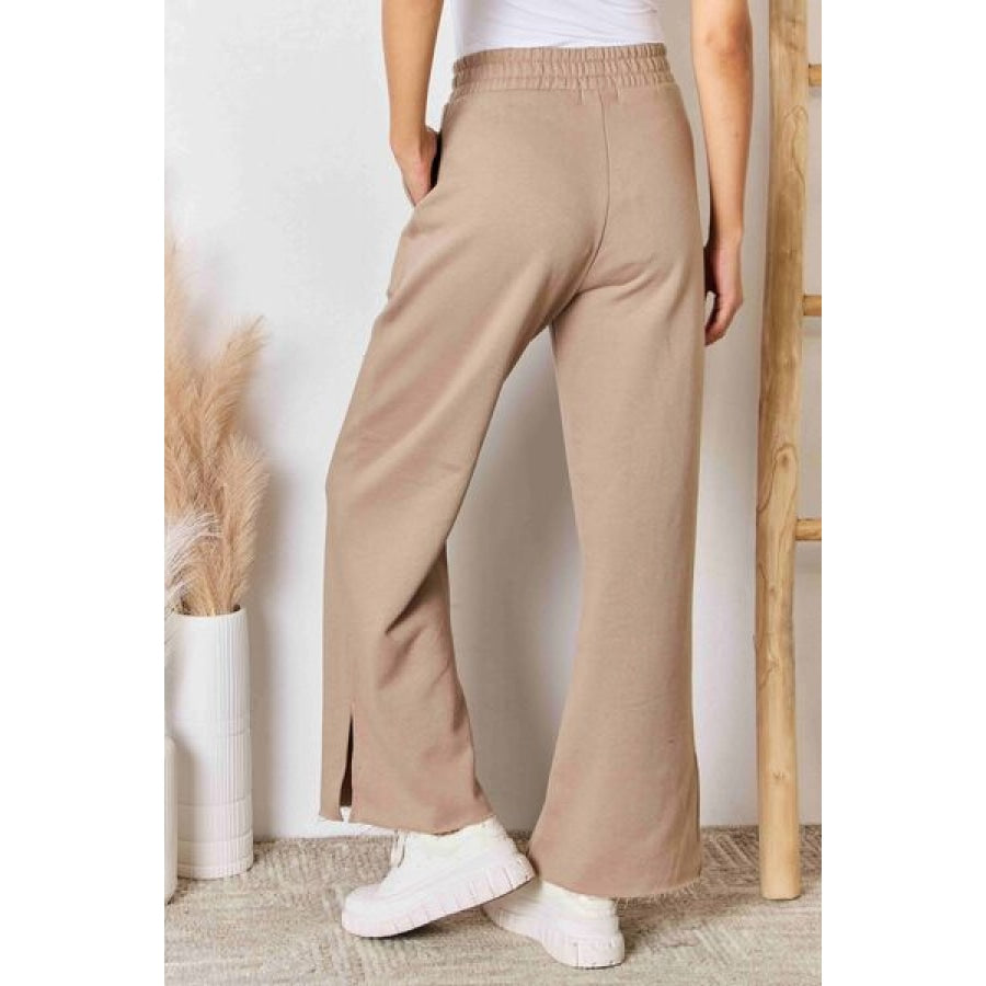 RISEN Wide Waistband Slit Wide Leg Pants Sand / S Apparel and Accessories