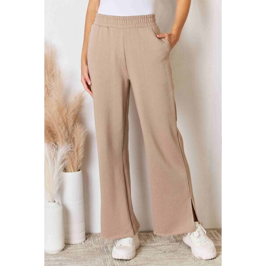 RISEN Wide Waistband Slit Wide Leg Pants Sand / S Apparel and Accessories