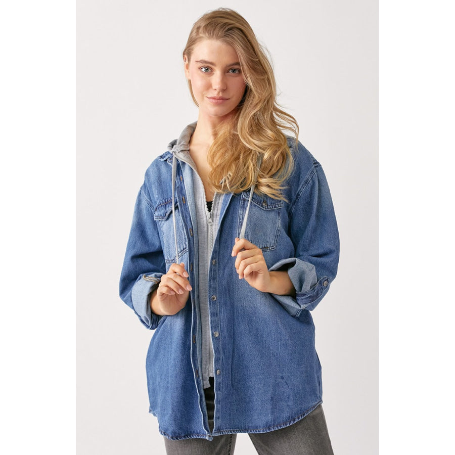 RISEN Zip Up Hooded Denim Shirt Apparel and Accessories