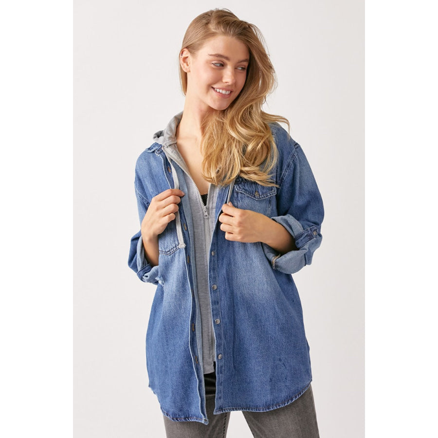 RISEN Zip Up Hooded Denim Shirt Apparel and Accessories