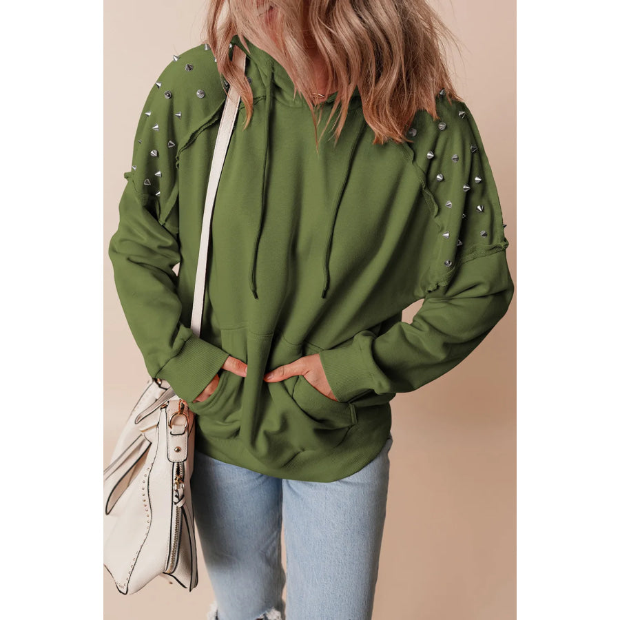 Rivet Drawstring Long Sleeve Hoodie Army Green / S Apparel and Accessories