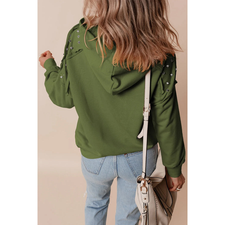 Rivet Drawstring Long Sleeve Hoodie Apparel and Accessories