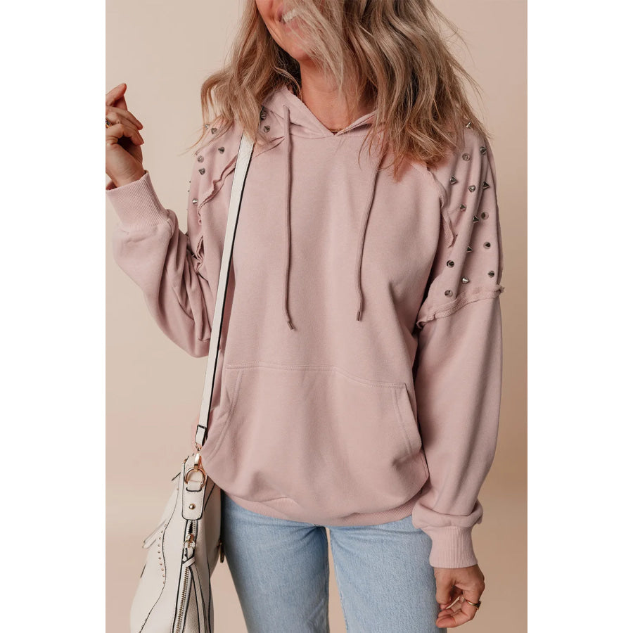 Rivet Drawstring Long Sleeve Hoodie Apricot / S Apparel and Accessories