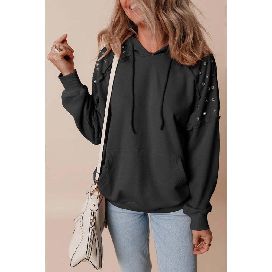 Rivet Drawstring Long Sleeve Hoodie Black / S Apparel and Accessories