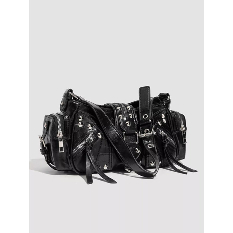 Rivet Embellished Shoulder Bag Black / One Size Apparel and Accessories