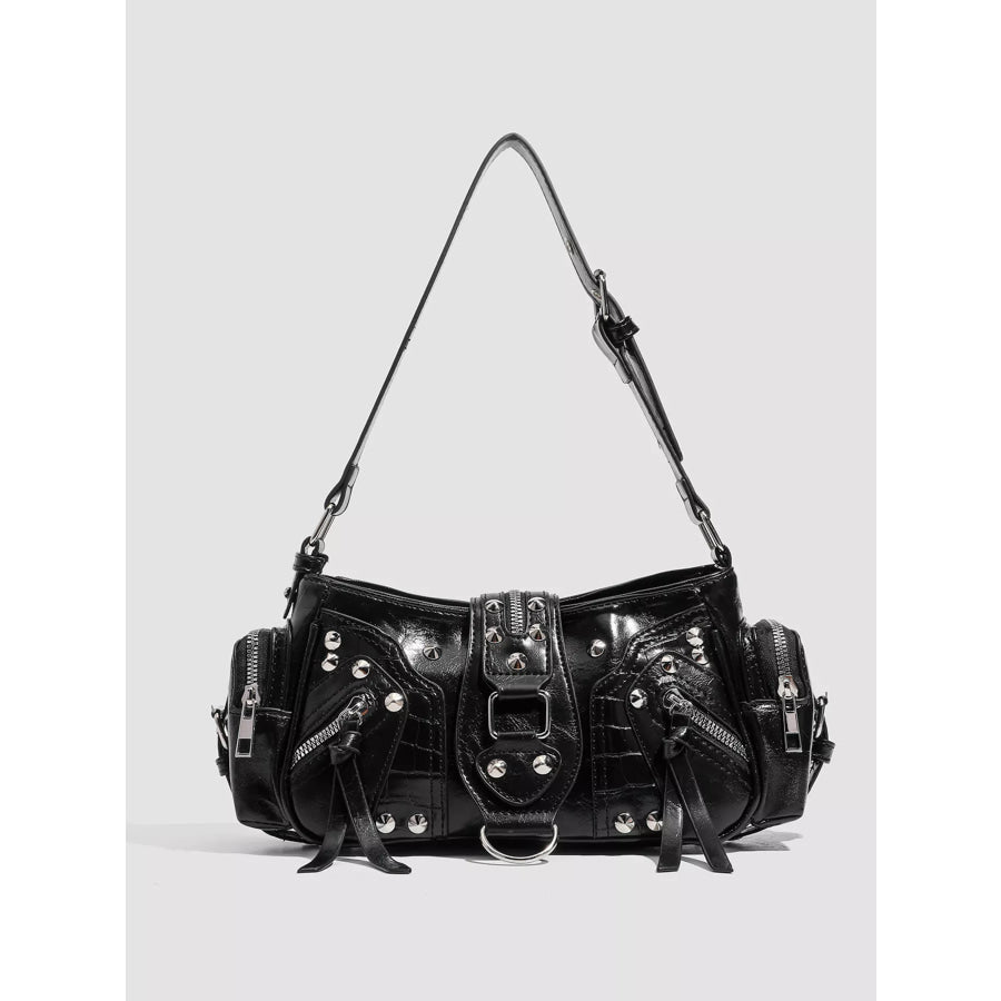 Rivet Embellished Shoulder Bag Black / One Size Apparel and Accessories