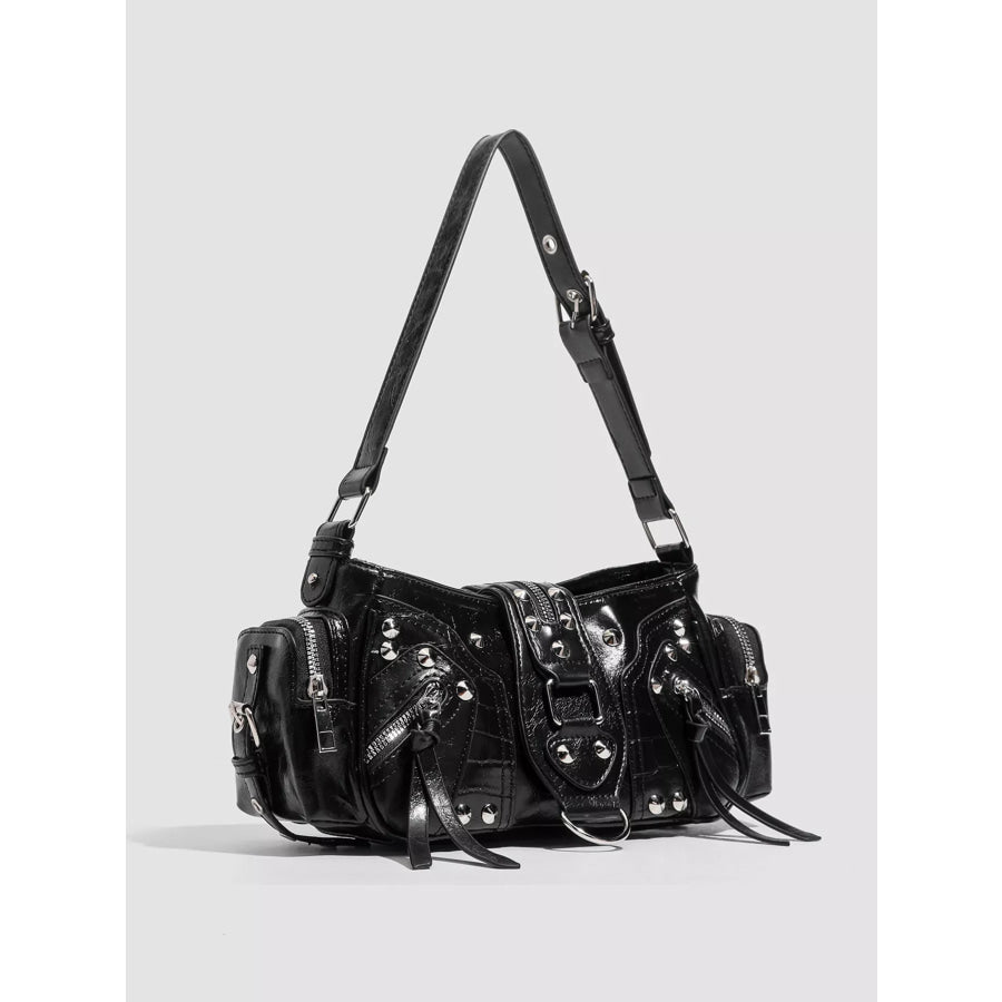 Rivet Embellished Shoulder Bag Black / One Size Apparel and Accessories