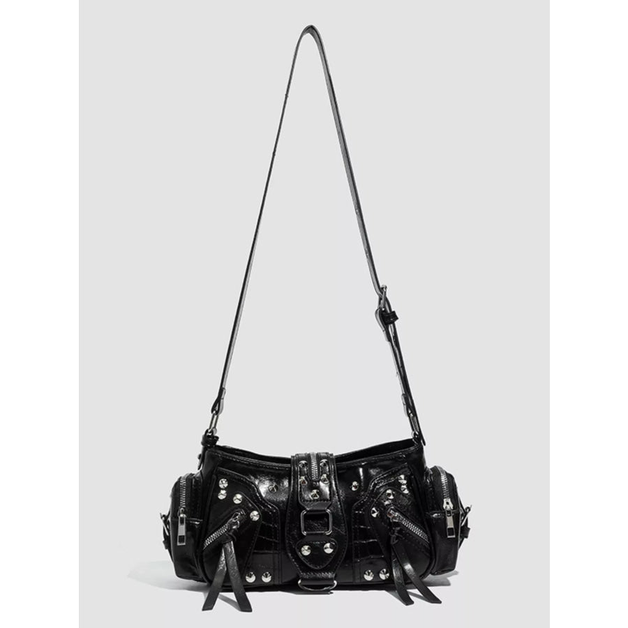Rivet Embellished Shoulder Bag Black / One Size Apparel and Accessories