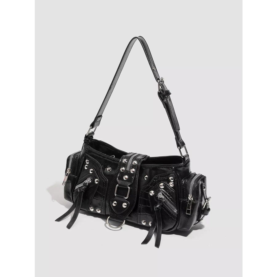 Rivet Embellished Shoulder Bag Black / One Size Apparel and Accessories