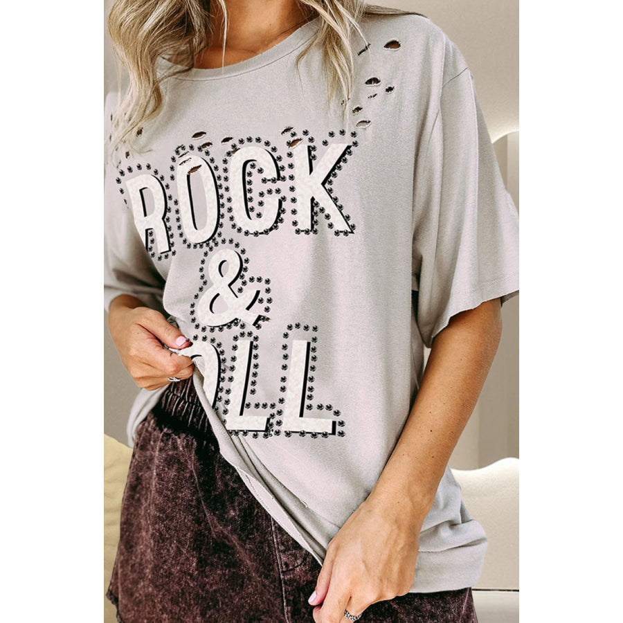 ROCK & ROLL Round Neck Dropped Shoulder T-Shirt Light Gray / S Apparel and Accessories
