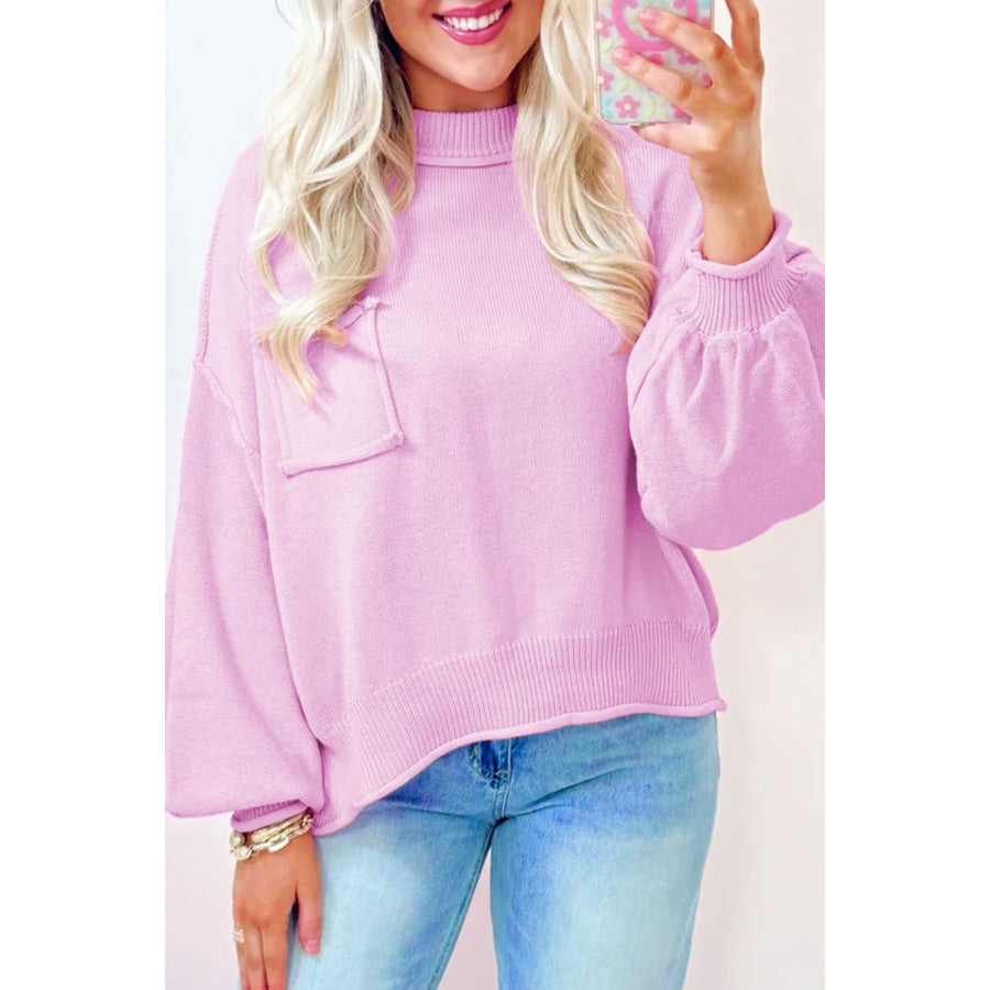 Roll Hem Ribbed Detail Drop Shoulder Sweater Pink Purple / S Apparel and Accessories