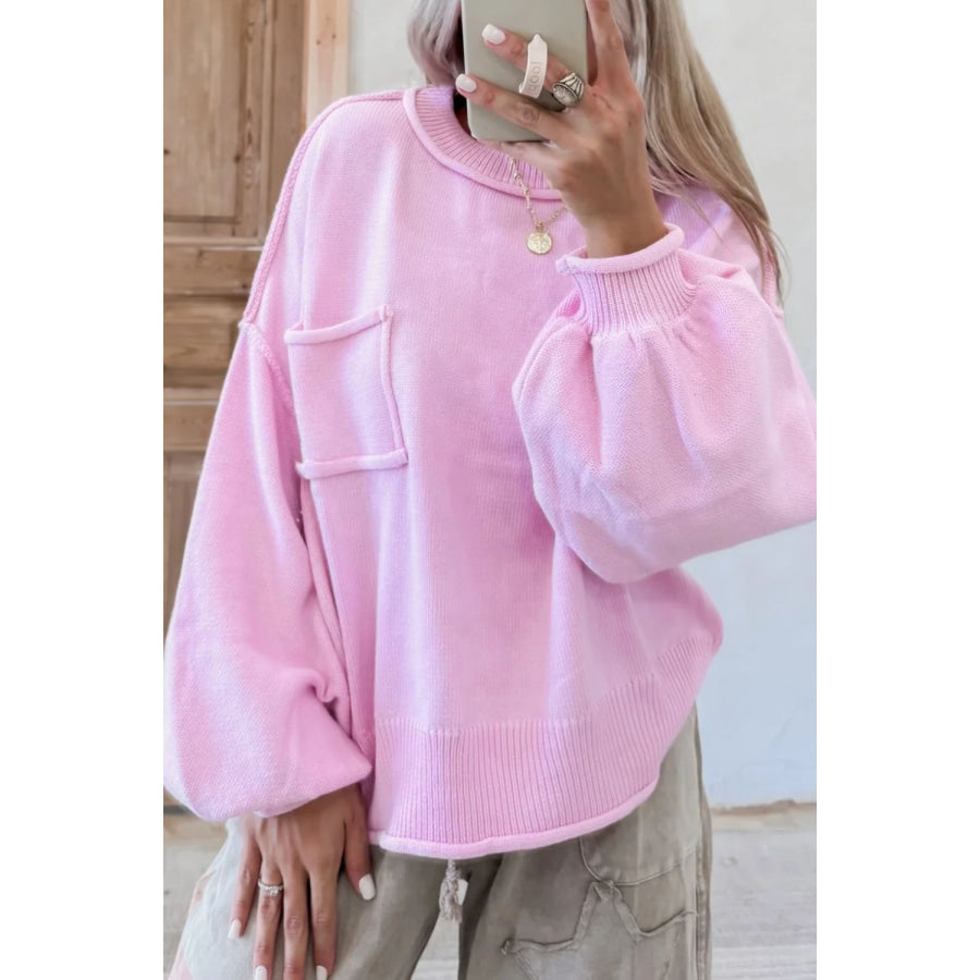 Roll Hem Ribbed Detail Drop Shoulder Sweater Pink Purple / S Apparel and Accessories