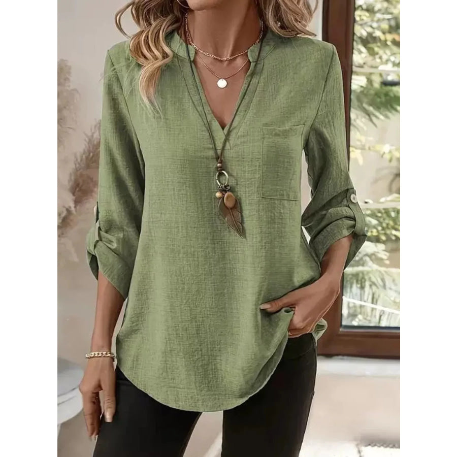 Roll-Up Sleeve Notched Blouse Matcha Green / S Apparel and Accessories