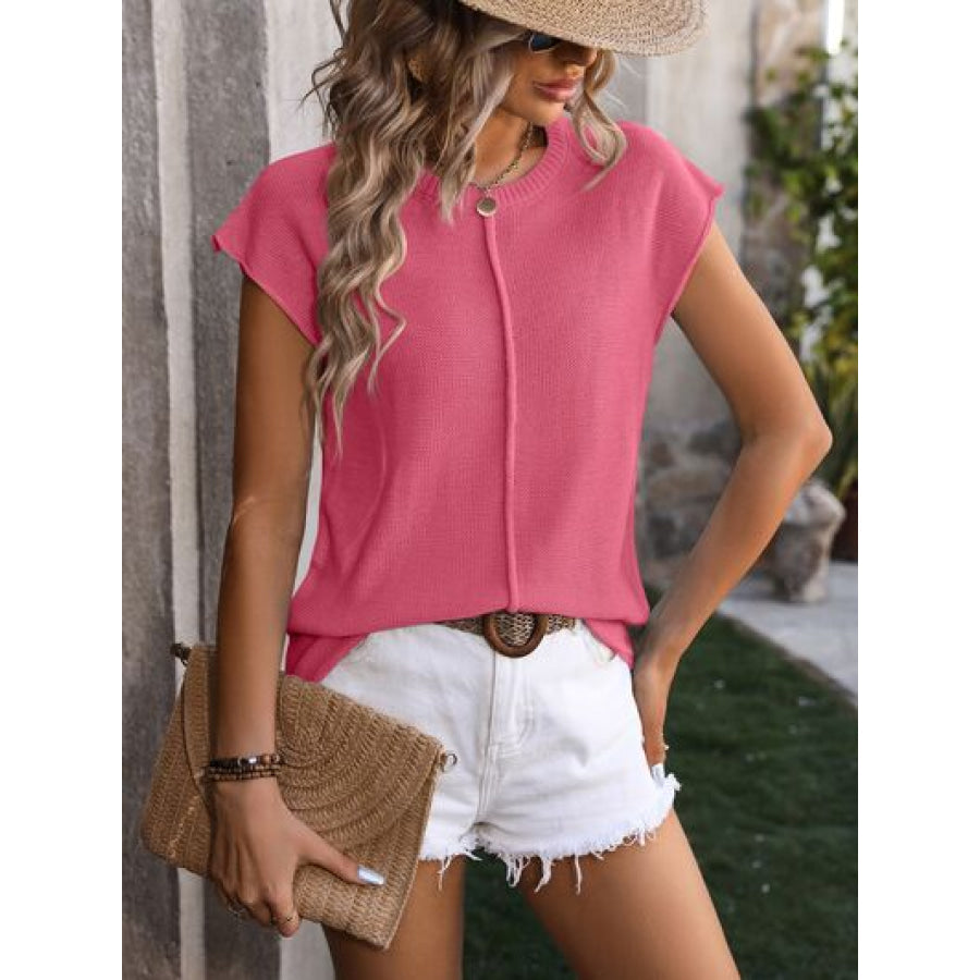Rolled Cap Sleeve Round Neck Sweater Vest Apparel and Accessories