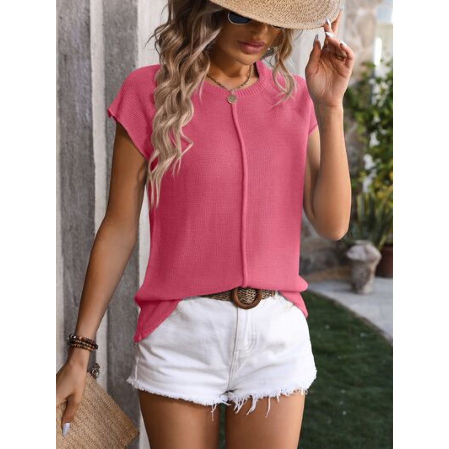 Rolled Cap Sleeve Round Neck Sweater Vest Strawberry / S Apparel and Accessories