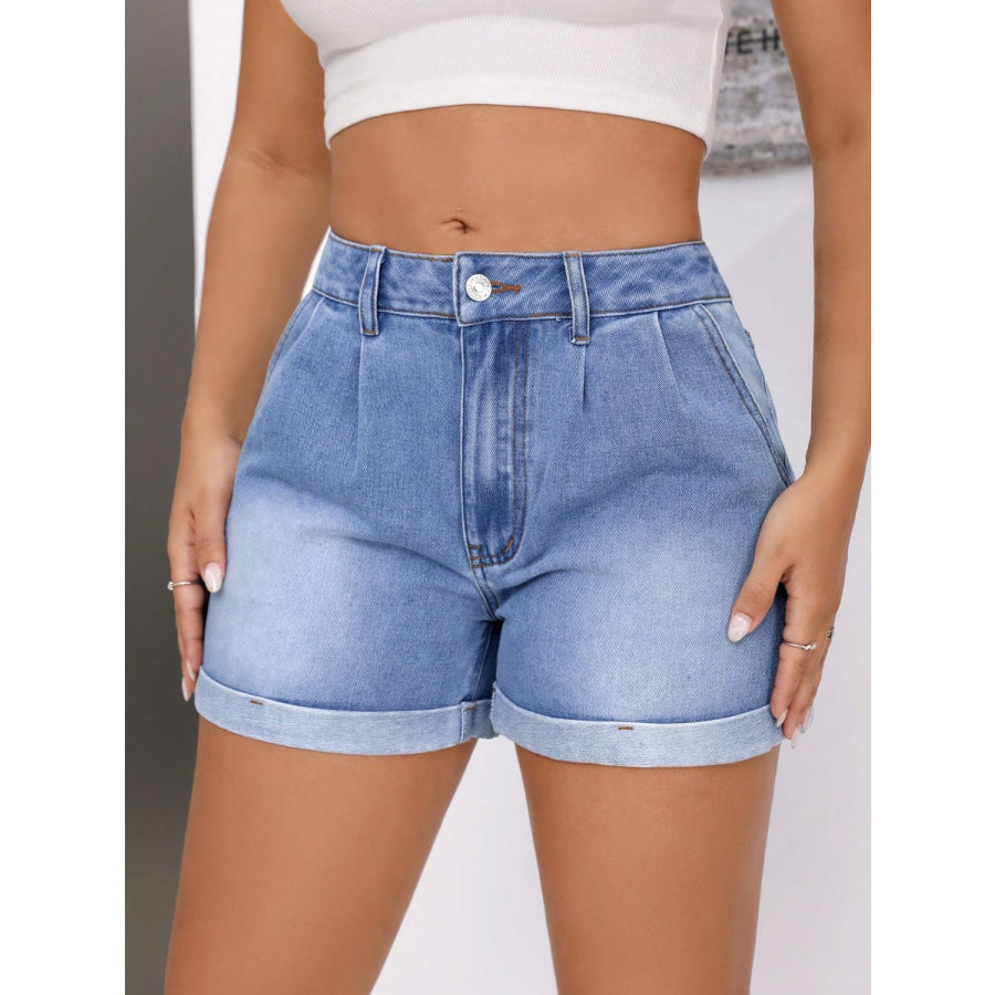 Rolled Hem Mid-Rise Waist Denim Shorts Apparel and Accessories