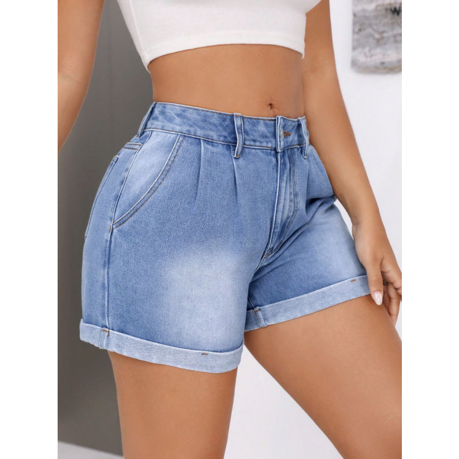 Rolled Hem Mid-Rise Waist Denim Shorts Apparel and Accessories