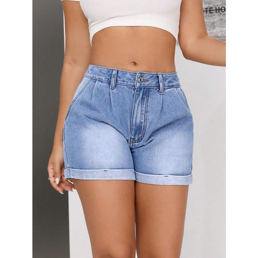 Rolled Hem Mid-Rise Waist Denim Shorts Apparel and Accessories