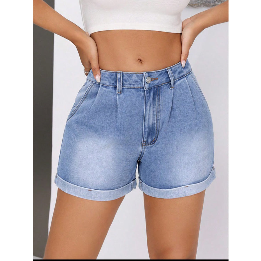 Rolled Hem Mid-Rise Waist Denim Shorts Apparel and Accessories