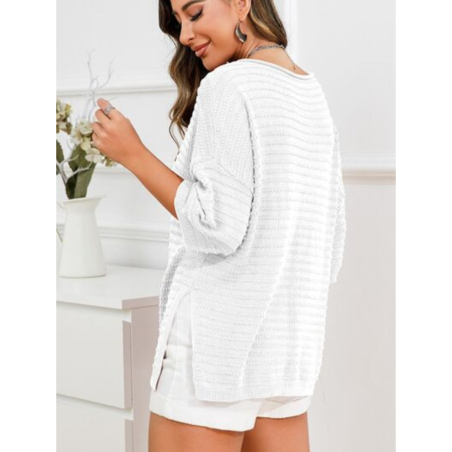 Rolled Round Neck Dropped Shoulder Slit Sweater White / S Apparel and Accessories