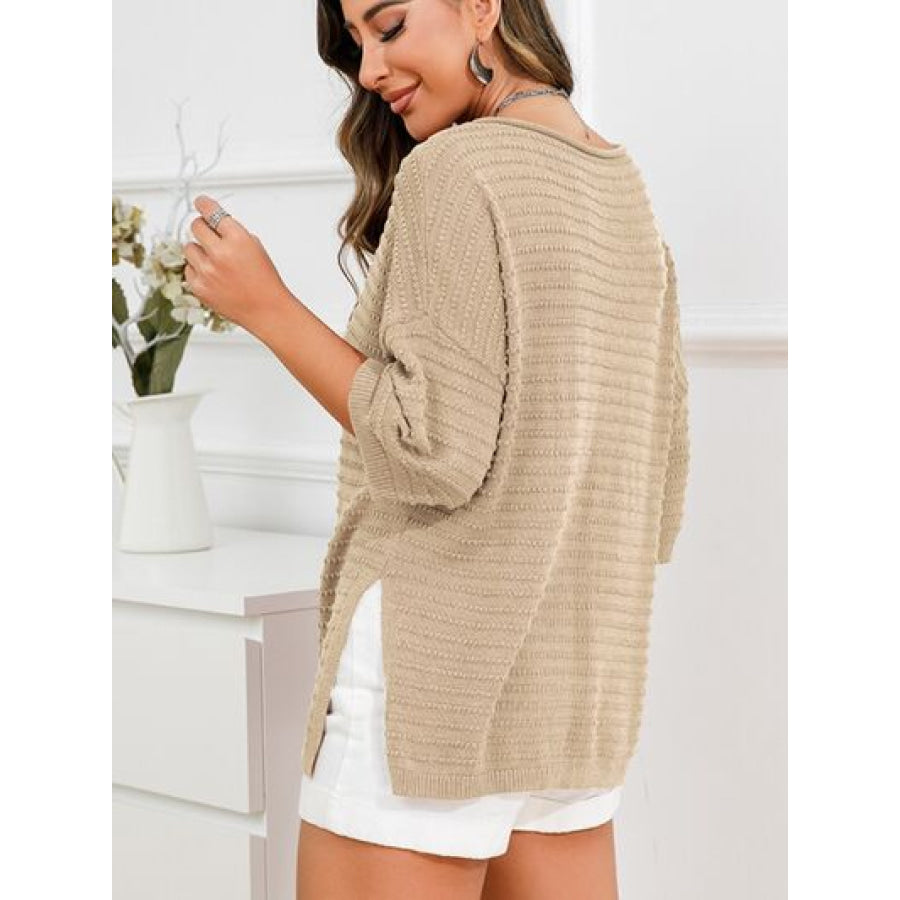 Rolled Round Neck Dropped Shoulder Slit Sweater Apparel and Accessories