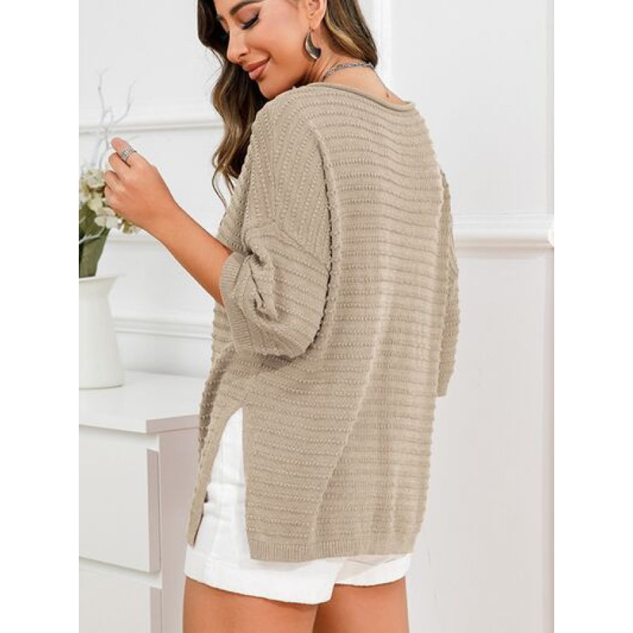 Rolled Round Neck Dropped Shoulder Slit Sweater Apparel and Accessories