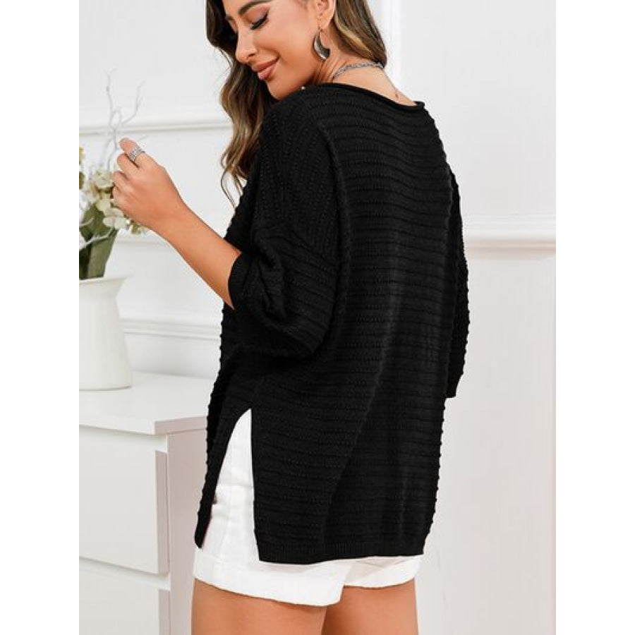 Rolled Round Neck Dropped Shoulder Slit Sweater Apparel and Accessories