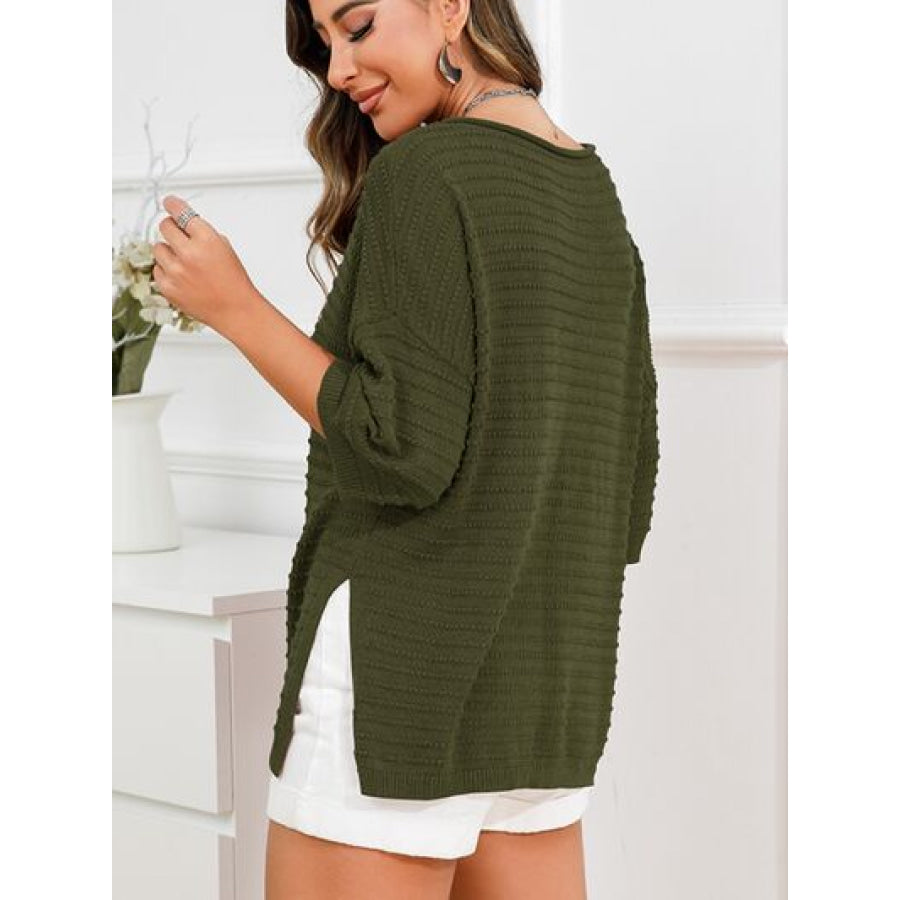 Rolled Round Neck Dropped Shoulder Slit Sweater Apparel and Accessories