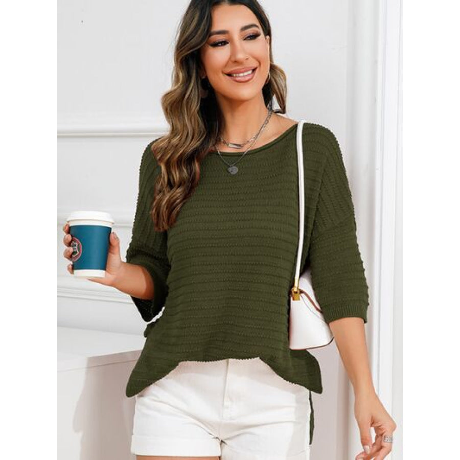 Rolled Round Neck Dropped Shoulder Slit Sweater Army Green / S Apparel and Accessories