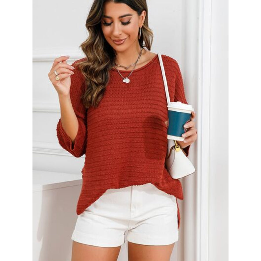 Rolled Round Neck Dropped Shoulder Slit Sweater Brick Red / S Apparel and Accessories