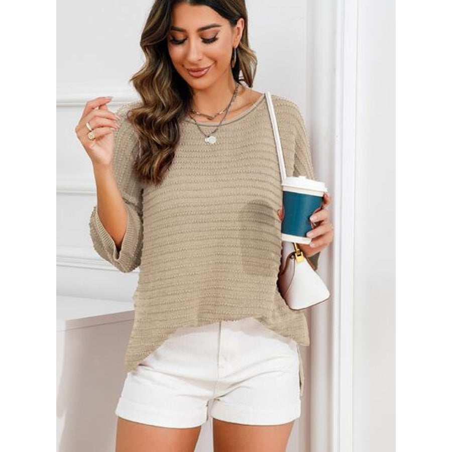 Rolled Round Neck Dropped Shoulder Slit Sweater Khaki / S Apparel and Accessories