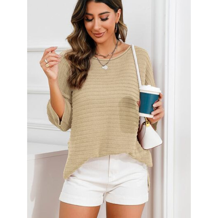 Rolled Round Neck Dropped Shoulder Slit Sweater Tan / S Apparel and Accessories