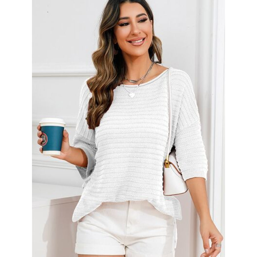 Rolled Round Neck Dropped Shoulder Slit Sweater White / S Apparel and Accessories
