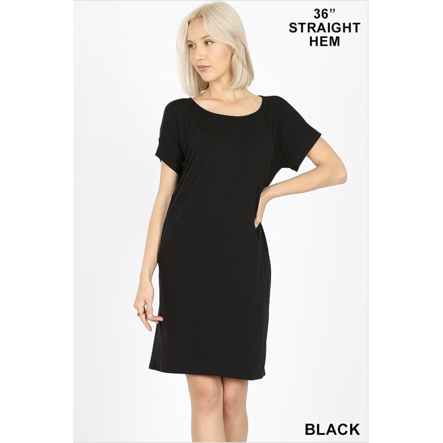 Now here! Rolled Short Sleeve Round Neck Dress S / Black Dresses