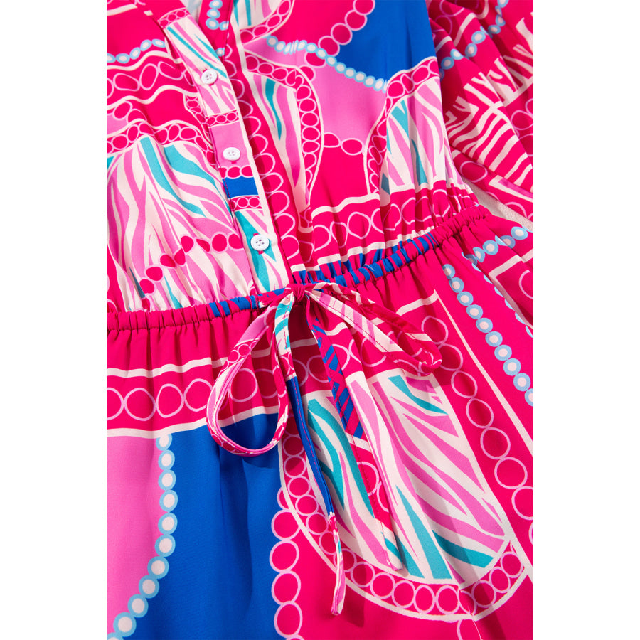 Rose Boho Abstract Printed Puff Sleeve Drawstring Waist Ruffled Mini Dress Dresses/Mini Dresses