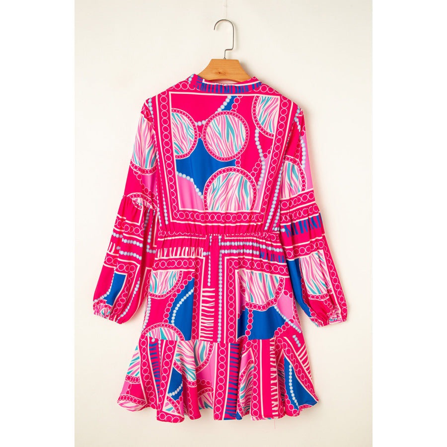 Rose Boho Abstract Printed Puff Sleeve Drawstring Waist Ruffled Mini Dress Dresses/Mini Dresses