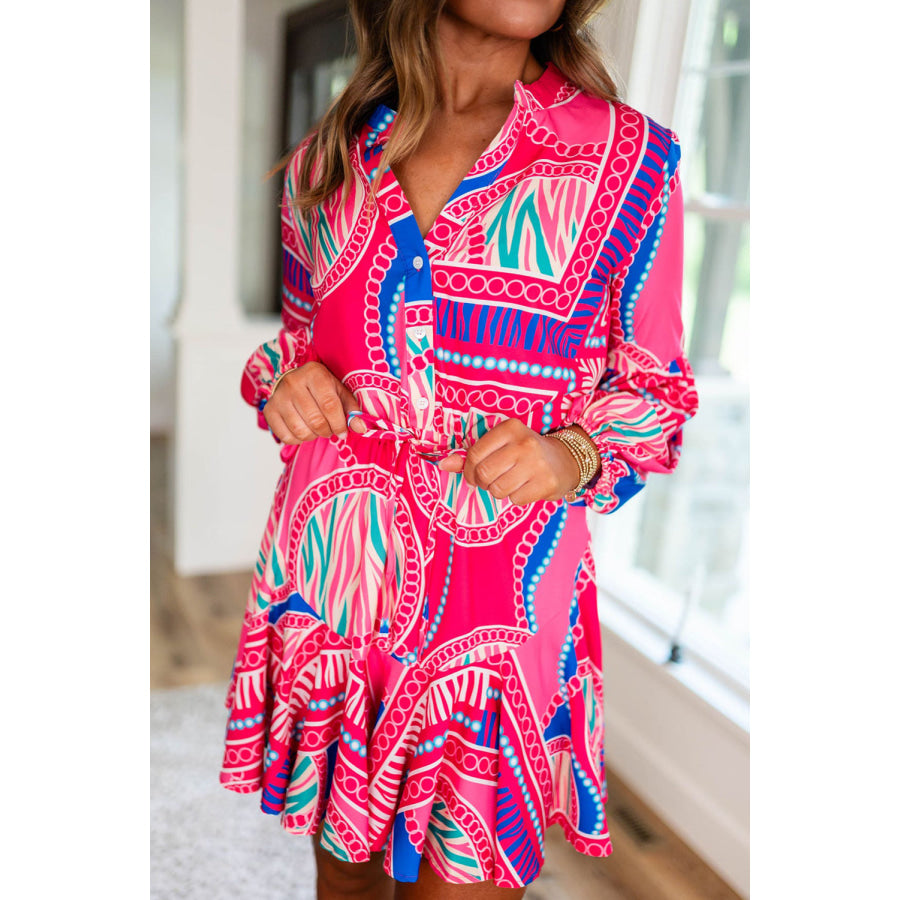 Rose Boho Abstract Printed Puff Sleeve Drawstring Waist Ruffled Mini Dress Dresses/Mini Dresses