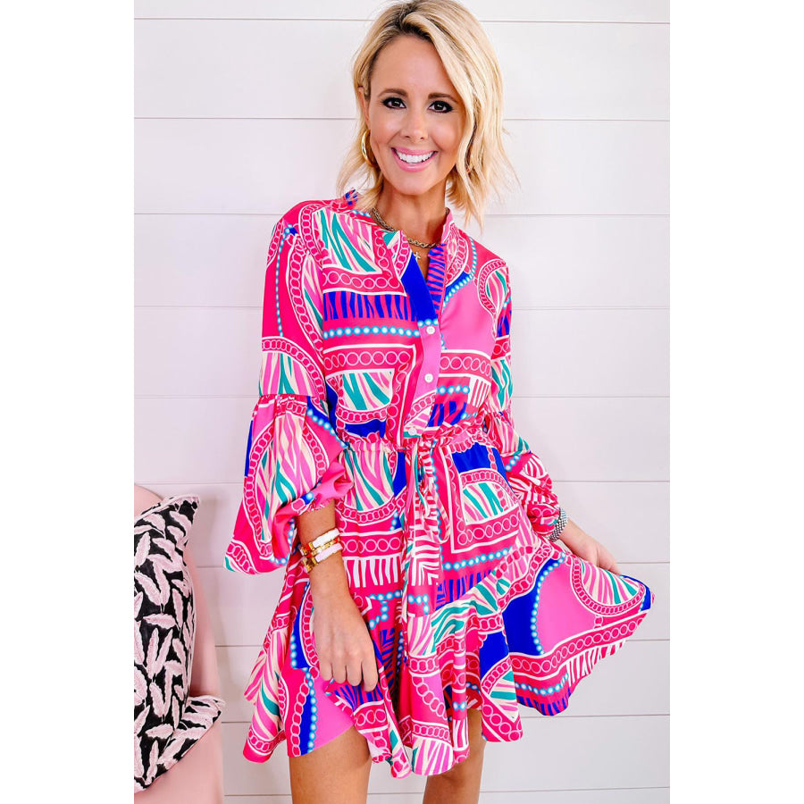 Rose Boho Abstract Printed Puff Sleeve Drawstring Waist Ruffled Mini Dress Dresses/Mini Dresses